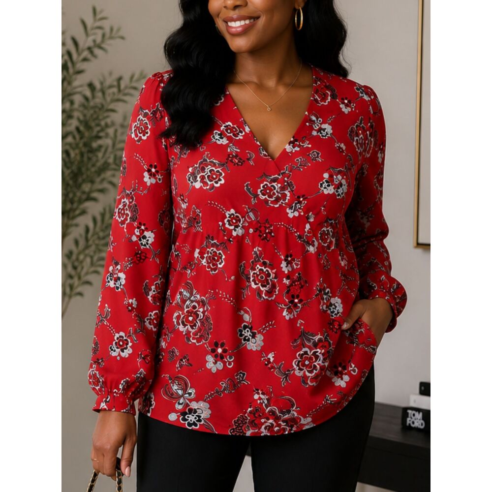 LOFT Outlet Floral Blouse Womens Large Red Boho Peasant V Neck Long Sleeve